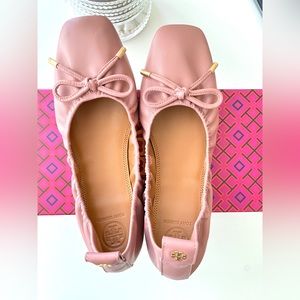 tory burch square toe bow ballet flats soft nappa leather 6.5 dusty rose pink